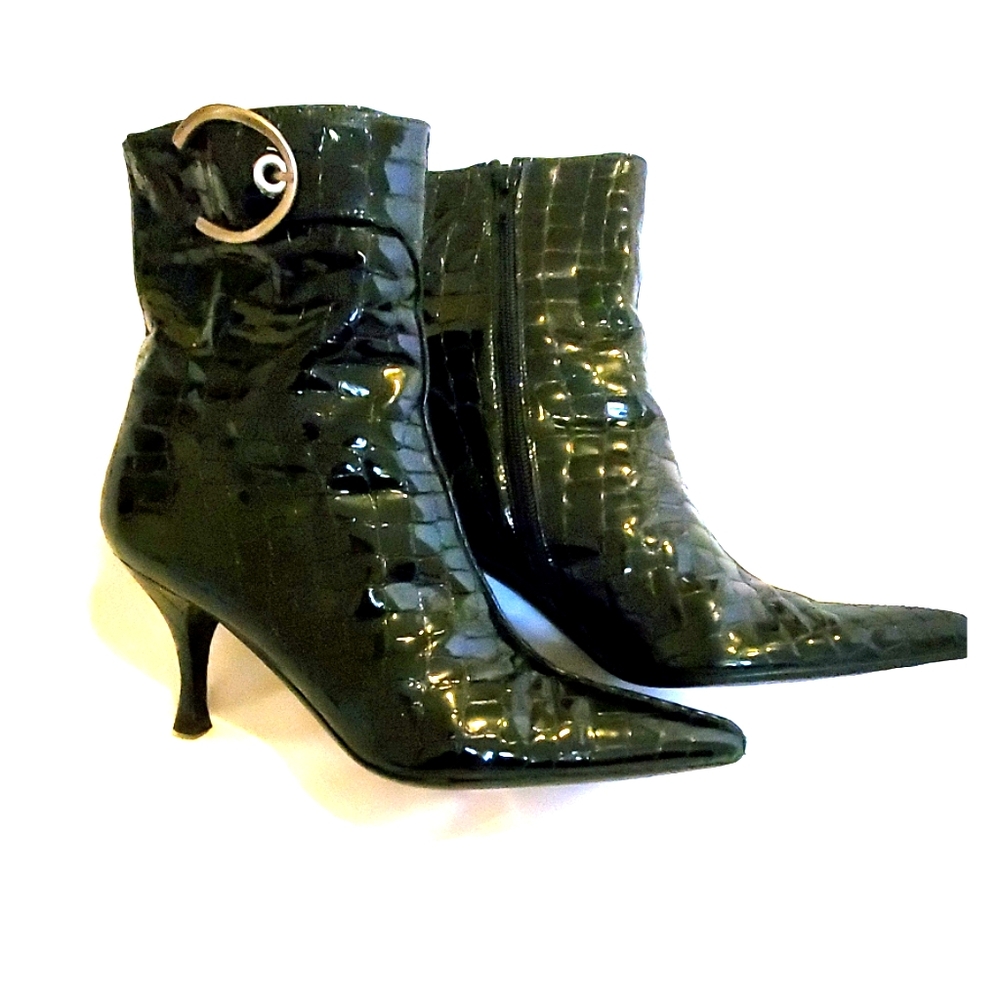 Stuart Weitzman black patent leather croc booties